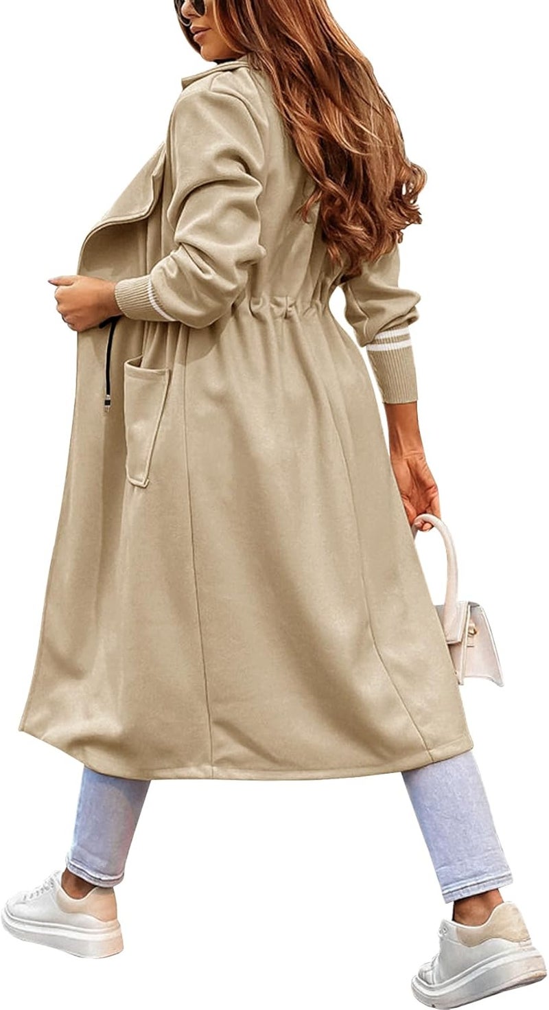 Fazortev Women Coat Pocket Casual Drawstring Waist Open Front Classic Lapel Overcoat - Image 2